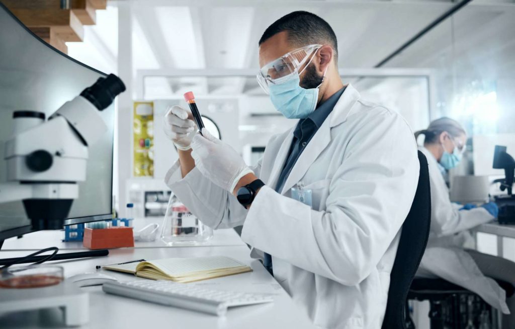 Man, lab and research in science to study dna of virus with PPE for safety, wellness and health. Do